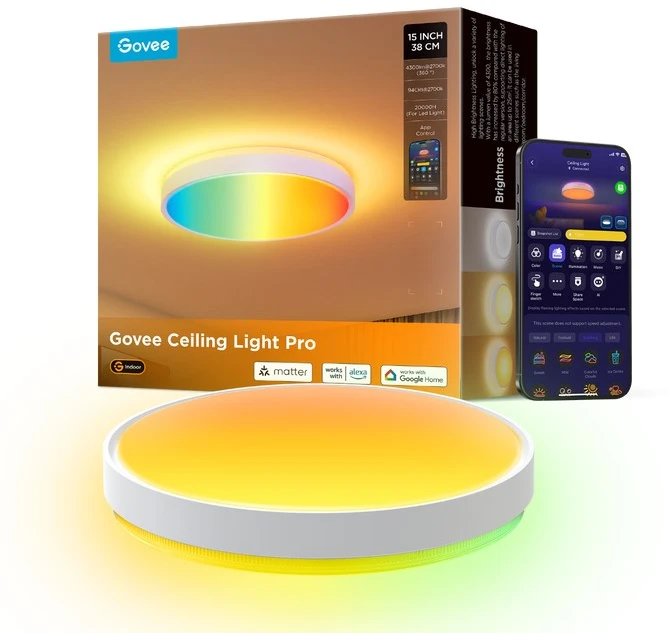 „Govee“ apvalus išmanusis lubinis šviestuvas | Pakankamai galingas LED šviestuvas | 4300 lm | 2700K–6500K | 2,4 GHz | „Wi-Fi“ + „BT“