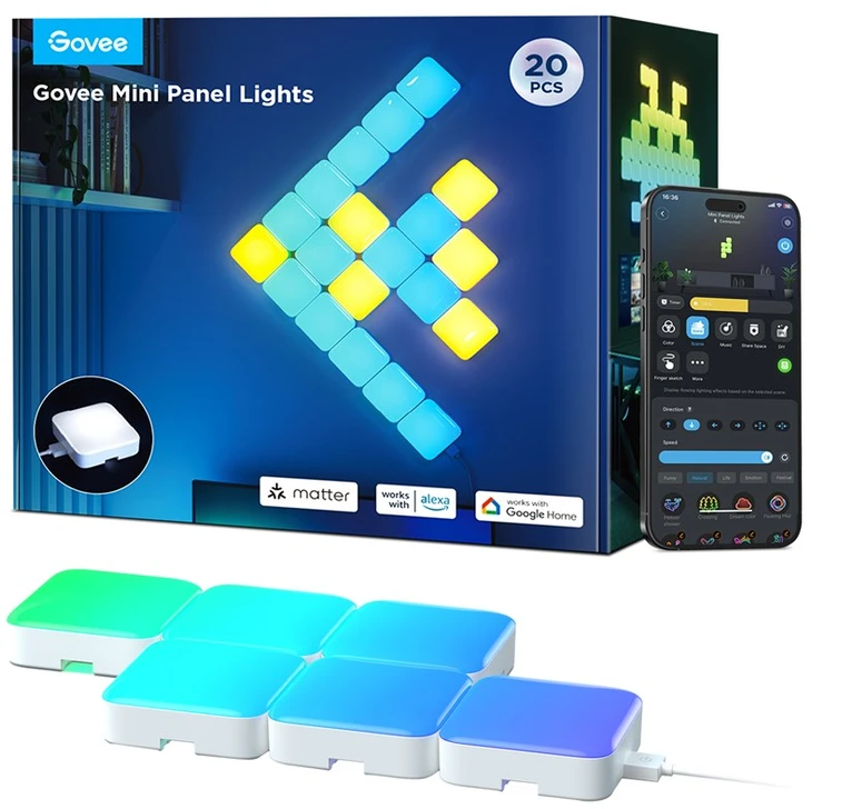 Lubinis šviestuvas Govee Mini Panel Lights (10 vnt.), RGBIC, Wi-Fi + Bluetooth LED panelės