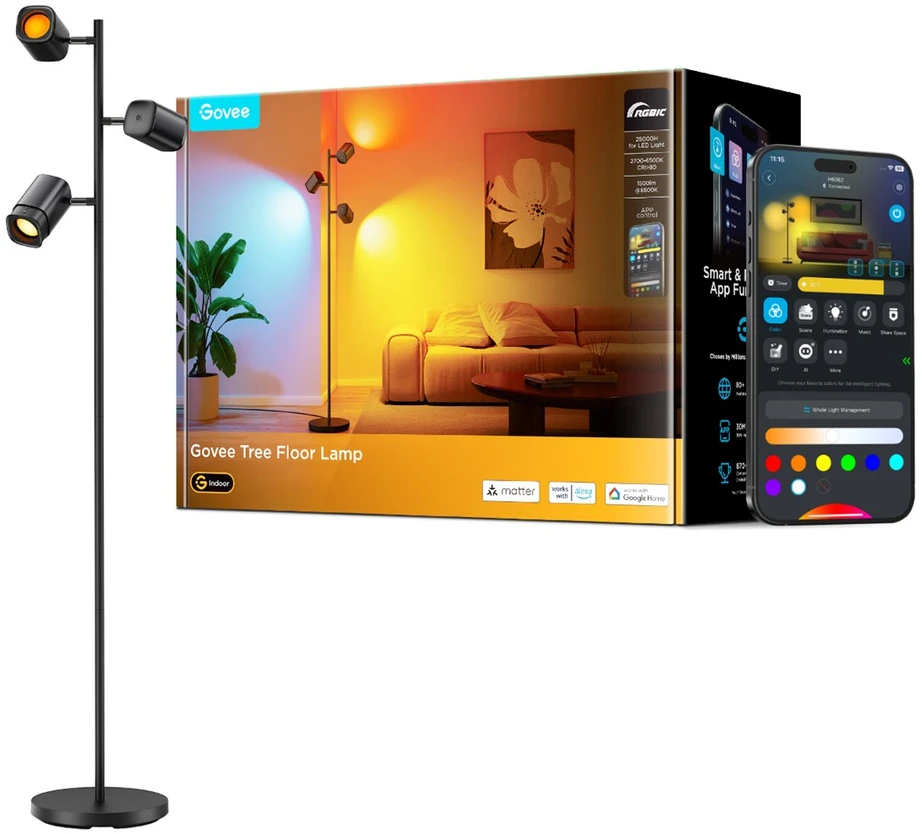 Govee LED grindų lempa su 3 galvutėmis, 157 cm, juoda, H60B2