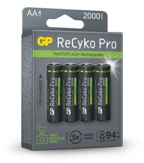 GP įkraunamos baterijos (AA), RECYKO+ Pro Fast Flash, NIMH R03, (4 baterijos / lizdinė plokštelė), 2000mAh