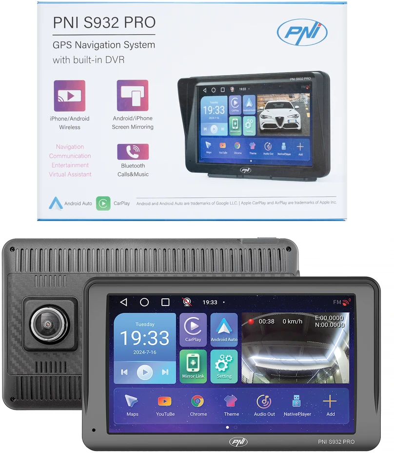 GPS navigacijos sistema ir vaizdo registratorius PNI S932 PRO, 7 colių ekranas, 32 GB atmintis, 2 GB DDR3 RAM, Android 13