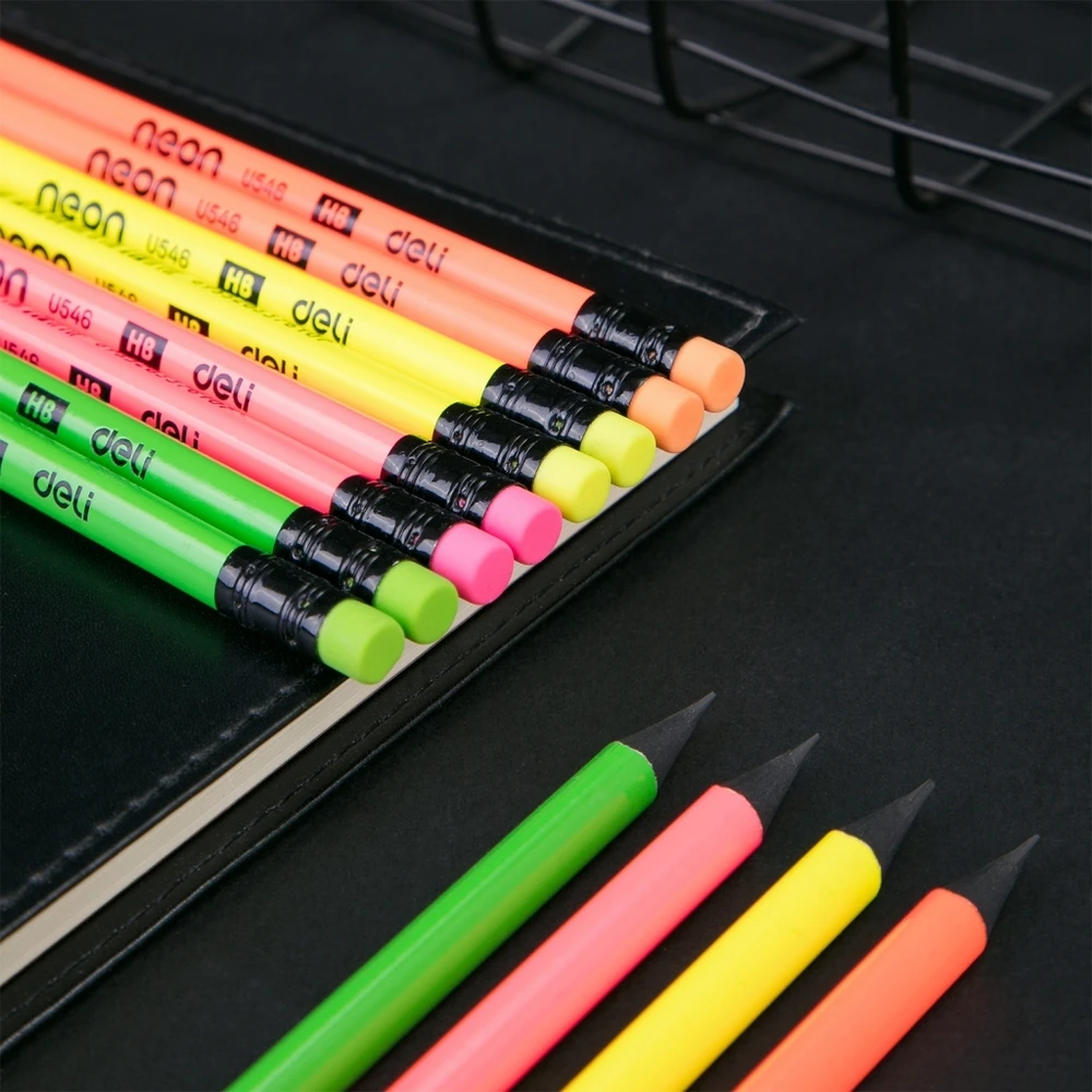 Grafitinis pieštukas Deli Neon U54600, HB, neoninių spalvų, su trintuku