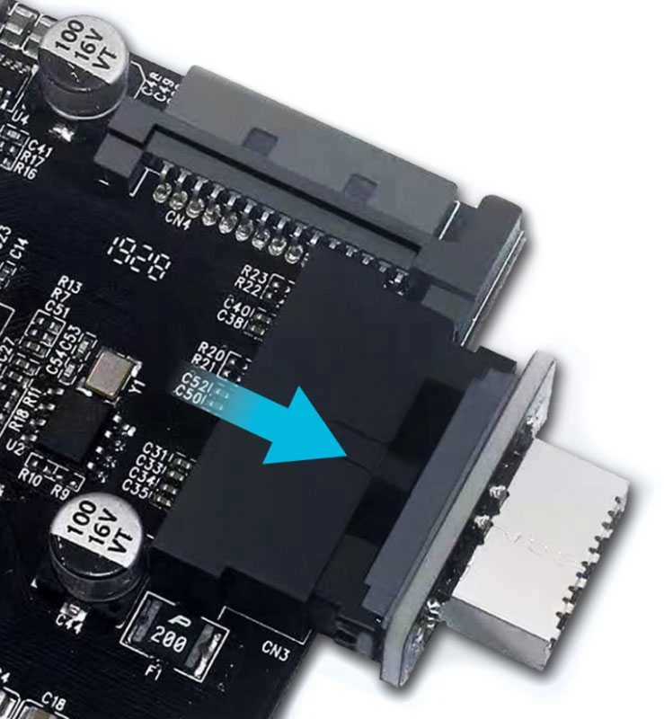 „Graugear Pilkas“ vidinė 19 kontaktų jungtis (USB 3.0) į USB 3.1 E tipo 20 kontaktų A tipo jungtį – 180 laipsnių