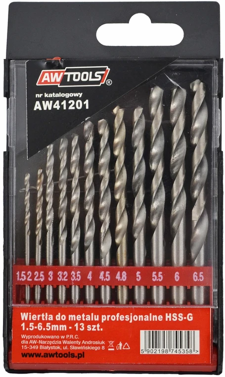 Grąžtas AW-Tools AWTOOLS WIERTŁA DO METALU HSS-G KOMPLET 13elem. /1,5-6,5mm/