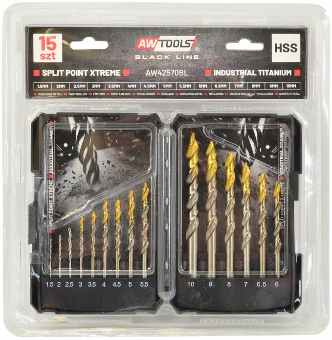 Grąžtas AW-Tools mealo grąžtai M2 HSS-TiN 15vnt. /1.5-10mm / Juodas LINE