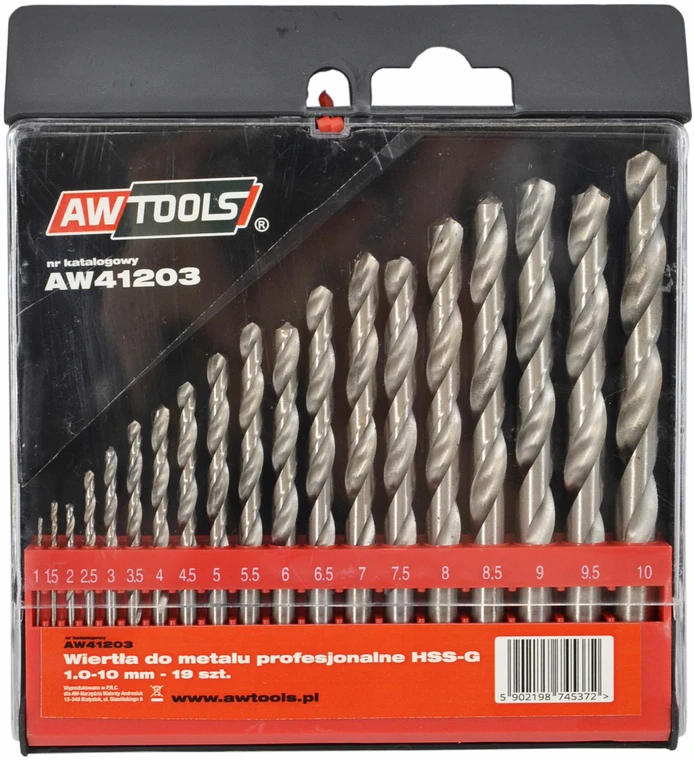 Grąžtas AW-Tools AWTOOLS WIERTŁA DO METALU HSS-G KOMPLET 19elem. /1,0-10,0mm/