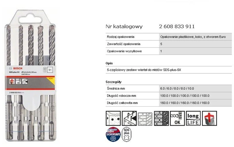 Grąžtas Bosch 5 SDSplus-5X komplektas 6/6/8/8/10 mm