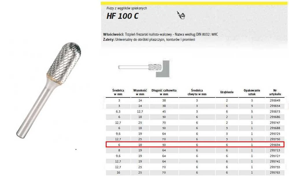 Grąžtas KLINGSPOR FREŽAS METALUI HF 100 C FI6.0x18mm BOTAS 6mm TIPO CRC, sferinis-cilindrinis