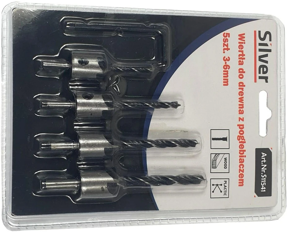 Grąžtas SILVER Sidabrinis WIERTŁA DO DREWNA Z POGŁĘBIACZEM 3-6mm 5szt.