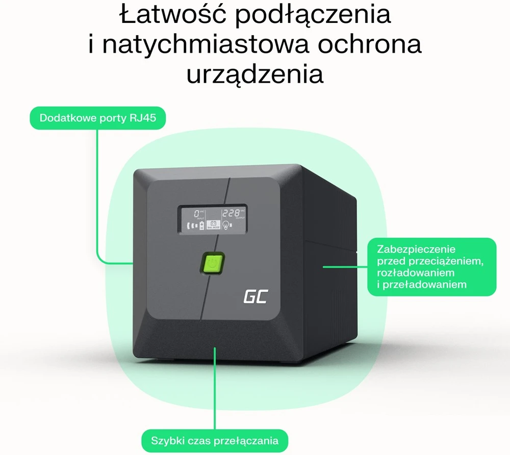 Green Cell Žalias Cell Atsarginis maitinimo šaltinis UPS Greencell 1000VA 600W PowerProof su LCD ekranu