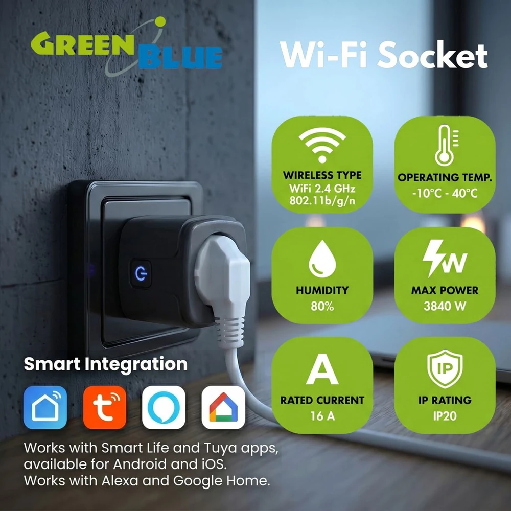 „GreenBlue“ nuotolinio valdymo „WiFi“ lizdas, „Android“ / „iOS“ / „Alexa“ / „Google Home“, laikmatis, vatmetras, maks. 16 A / 3840 W, GB735 B