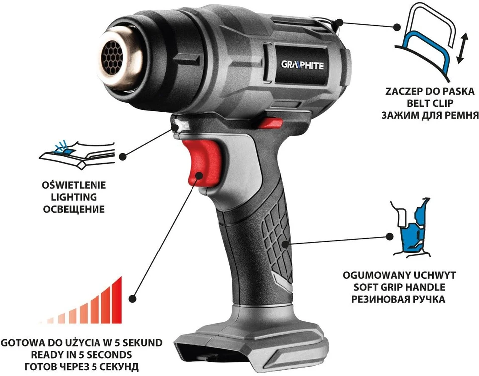 Graphite techninis fenas 18 V „Energy+“ akumuliatorinis karšto oro pistoletas, ličio jonų akumuliatorius, temperatūros diapazonas 550 °C, be akumuliatoriaus