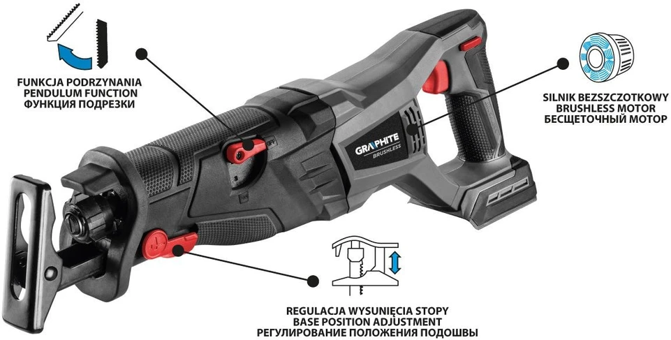 Akumuliatorinis tiesinis pjūklas Graphite 58G096; 18 V (be akumuliatoriaus ir pakrovėjo)