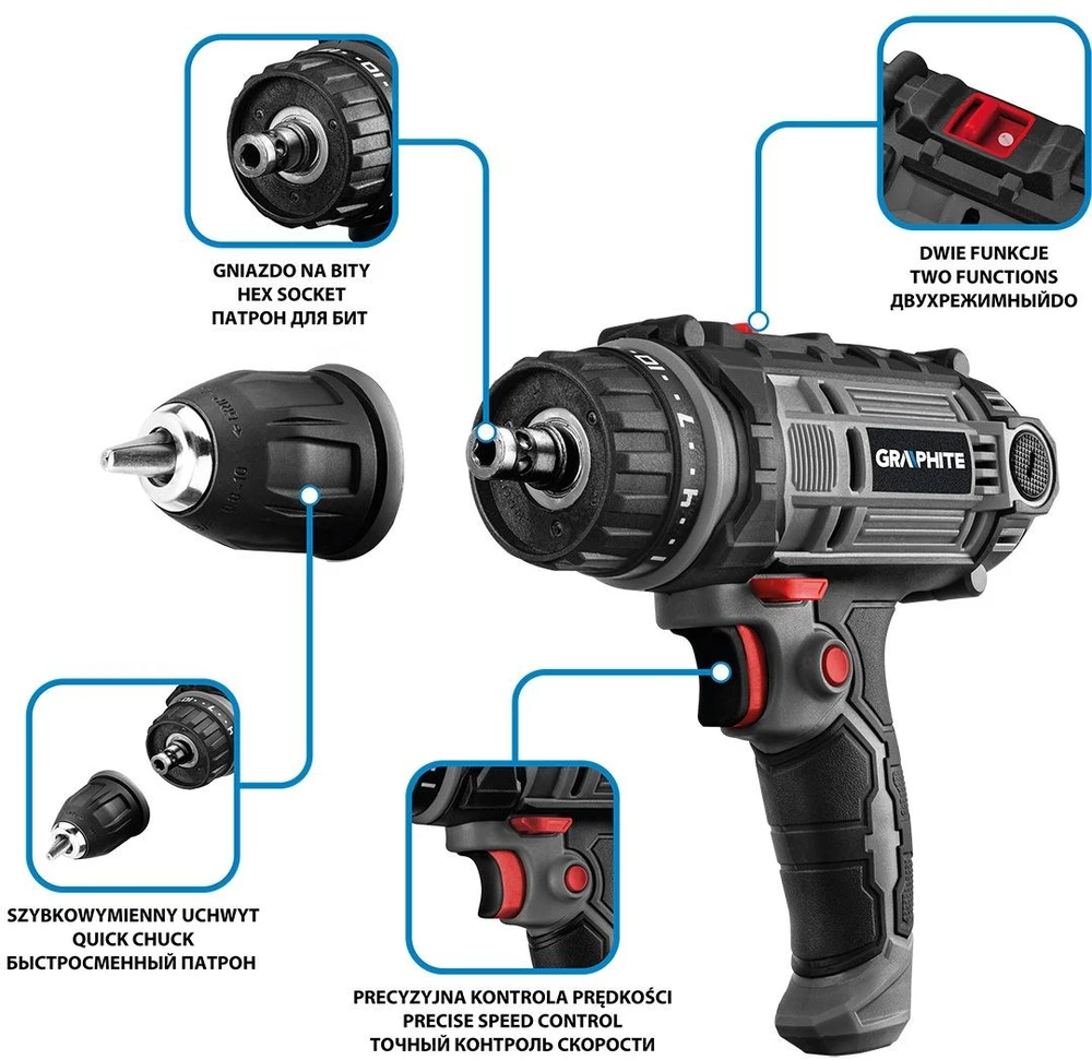 Graphite Wiertarko Wkretarka 300 W laidinis gręžtuvas-suktuvas, 10 mm savaime užsifiksuojantis griebtuvas, nešiojimo dėklas