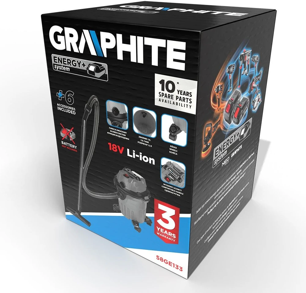 Graphite Dulkių siurblys „Energy+“ 18 V ličio jonų akumuliatorinis dirbtuvių dulkių siurblys, šlapiam ir sausam valymui, 12 l bakas, be akumuliatoriaus