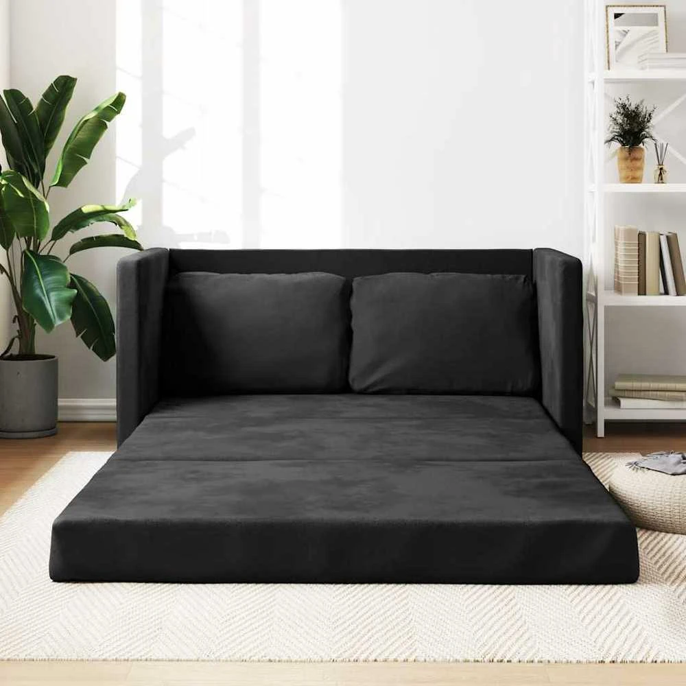 Grindų sofa-lova, 2-1, juodos spalvos, 122x204x55cm, aksomas