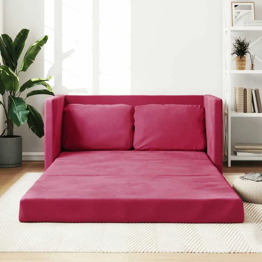 Grindų sofa-lova, 2-1, raudonojo vyno, 122x204x55cm, aksomas