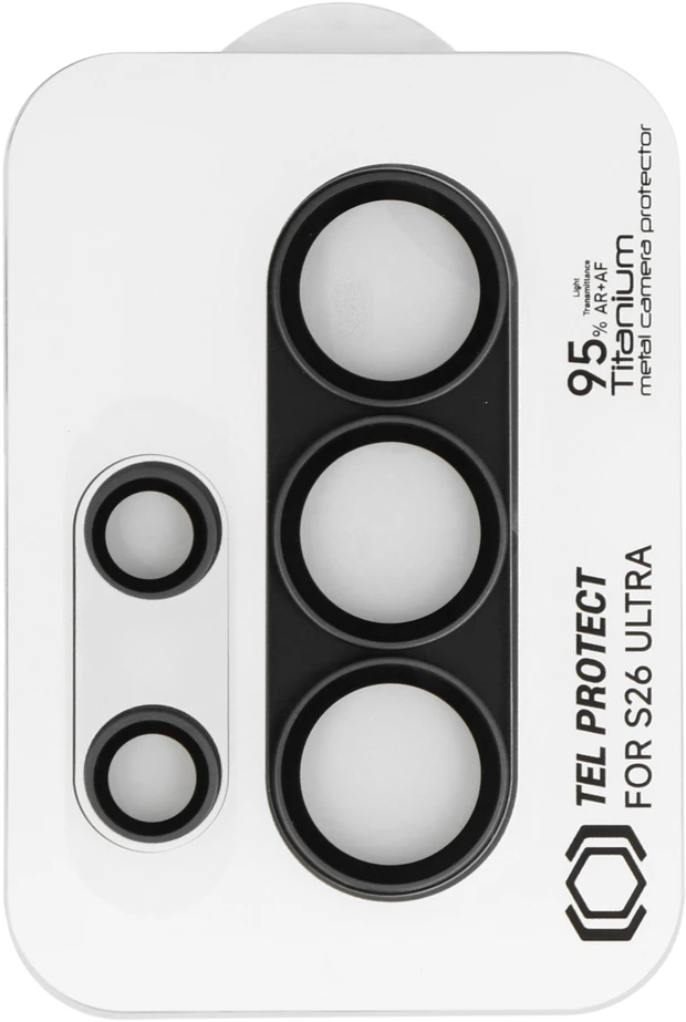 Grūdintas stiklas Tel Protect 95% AR+AF Full Metal Camera Protector į aparat skirtas Samsung Galaxy S26 Ultra juoda (island)