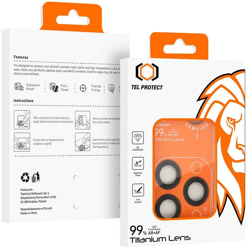 Grūdintas stiklas Tel Protect Titanium Lens 99% AR skirtas Apple iPhone 15 Pro/15 Pro Max juodas (objektyvui 3 vnt)