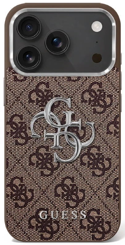Guess 4G Big 4G Classic Logo dėklas skirtas Apple iPhone 17 rudos spalvos sidabro spalvos
