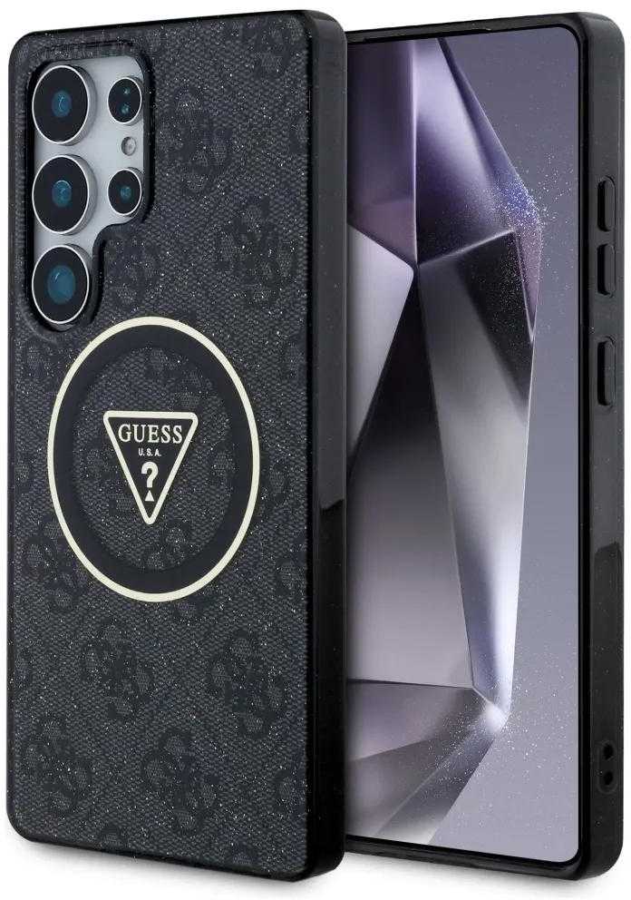 Guess 4G Glitter Triangle Mygtukai MagSafe Samsung Galaxy S25 Ultra dėklas telefonui juodos spalvos