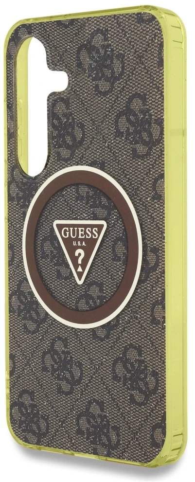 Dėklas Guess 4G Glitter Triangle Mygtukai MagSafe Samsung Galaxy S25 rudos spalvos