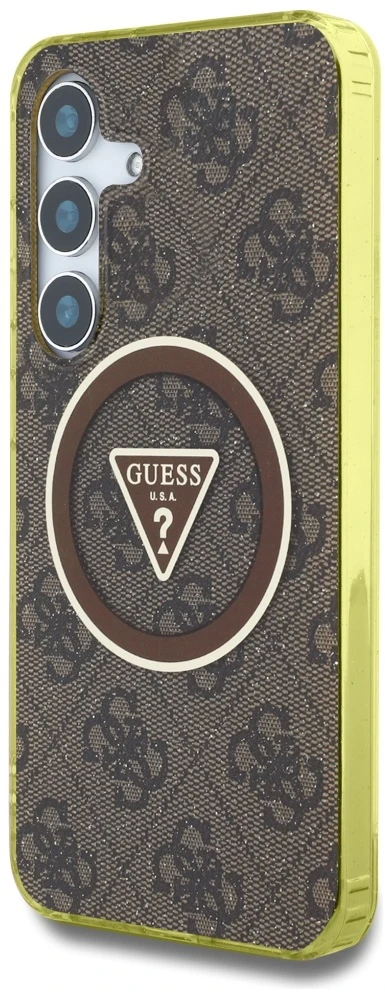 Dėklas Guess 4G Glitter Triangle Mygtukai MagSafe Samsung Galaxy S25 rudos spalvos