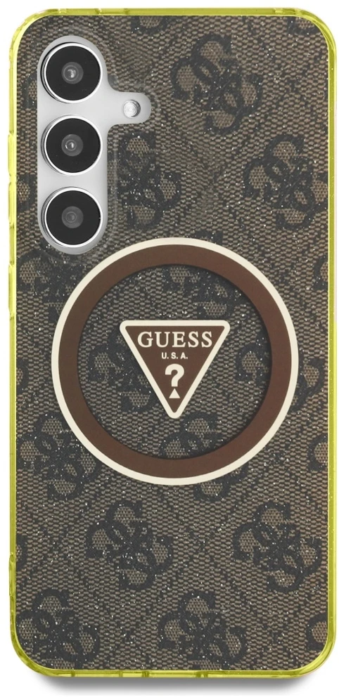 Dėklas Guess 4G Glitter Triangle Mygtukai MagSafe Samsung Galaxy S25 rudos spalvos