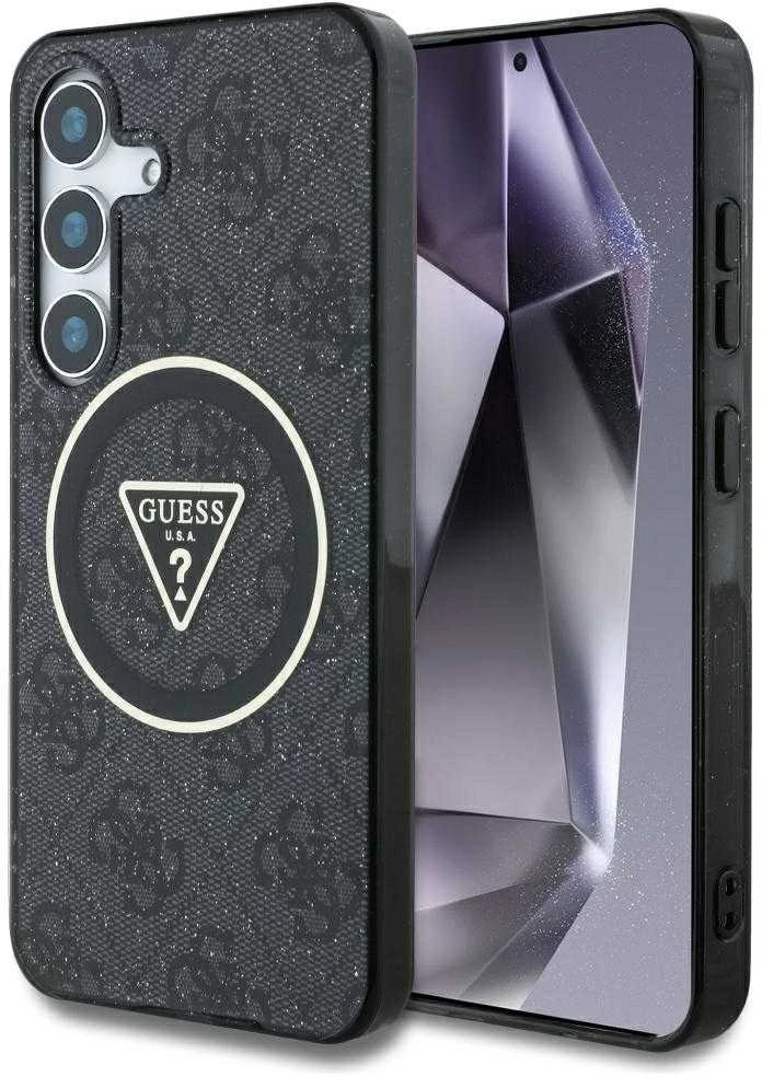 Guess 4G Glitter Triangle Mygtukai MagSafe Samsung Galaxy S25 Plus dėklas telefonui juodos spalvos