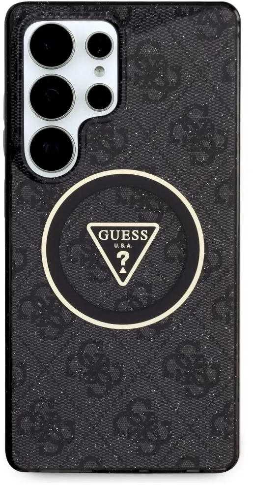 Guess 4G Glitter Triangle Mygtukai MagSafe Samsung Galaxy S25 Ultra dėklas telefonui juodos spalvos