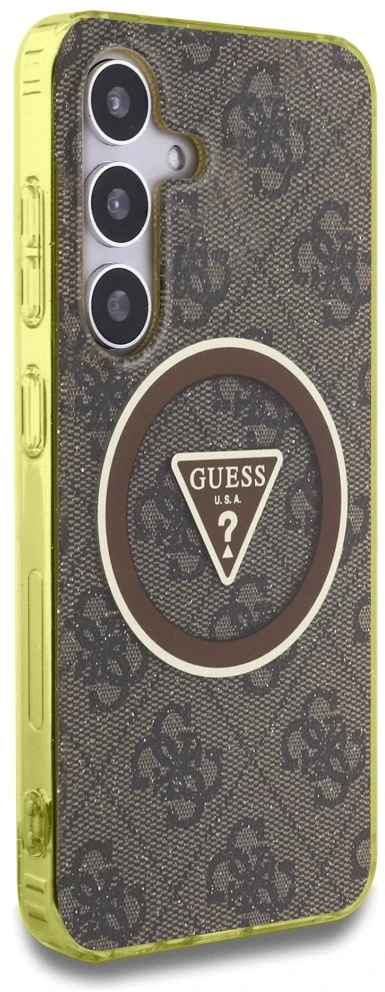 Dėklas Guess 4G Glitter Triangle Mygtukai MagSafe Samsung Galaxy S25 rudos spalvos