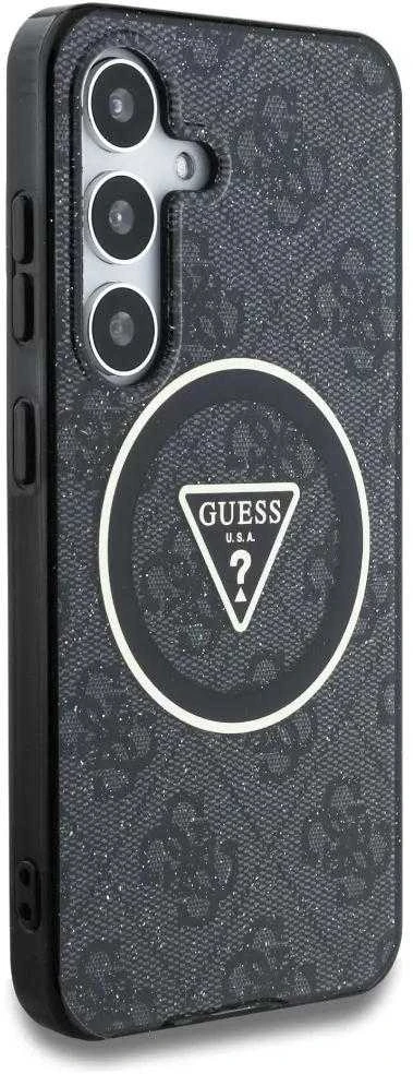 Guess 4G Glitter Triangle Mygtukai MagSafe Samsung Galaxy S25 dėklas telefonui juodos spalvos