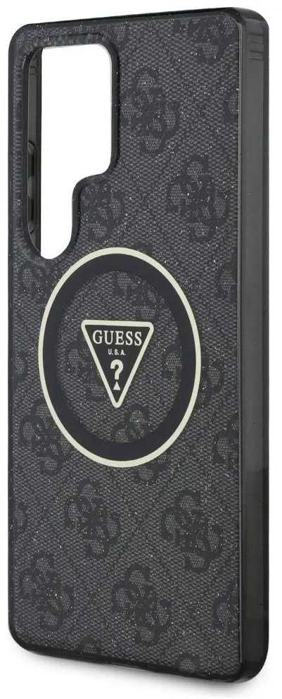 Guess 4G Glitter Triangle Mygtukai MagSafe Samsung Galaxy S25 Ultra dėklas telefonui juodos spalvos