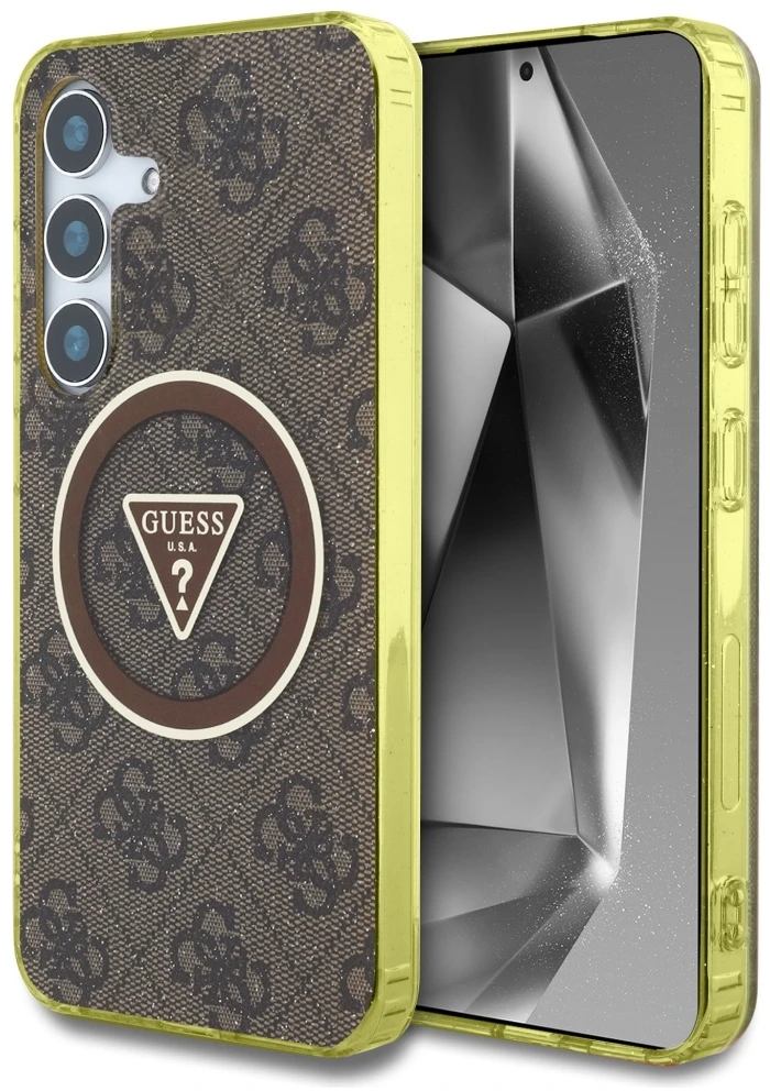 Dėklas Guess 4G Glitter Triangle Mygtukai MagSafe Samsung Galaxy S25 rudos spalvos