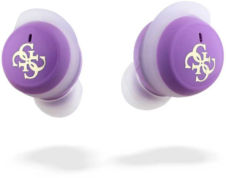 Violetinės Guess 4G ausinės su auksiniu logotipu