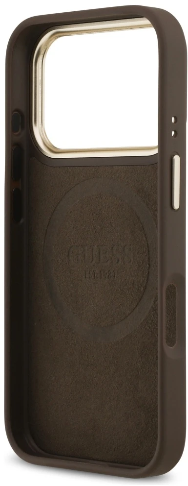 Guess 4G Logo Plate MagSafe dėklas Apple iPhone 17 Pro rudos spalvos
