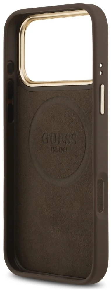 Guess 4G Logo Plate MagSafe dėklas Apple iPhone 17 Pro Max rudos spalvos