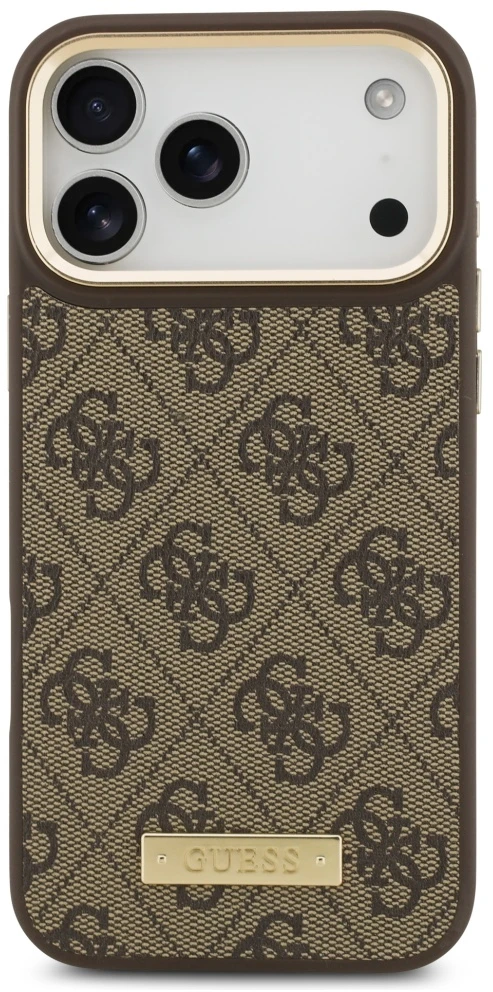 Guess 4G Logo Plate MagSafe dėklas Apple iPhone 17 Pro Max rudos spalvos