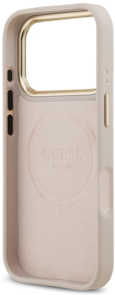 Guess 4G Logo Plate MagSafe dėklas Apple iPhone 17 Pro rožinės spalvos