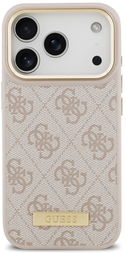 Guess 4G Logo Plate MagSafe dėklas Apple iPhone 17 Pro rožinės spalvos