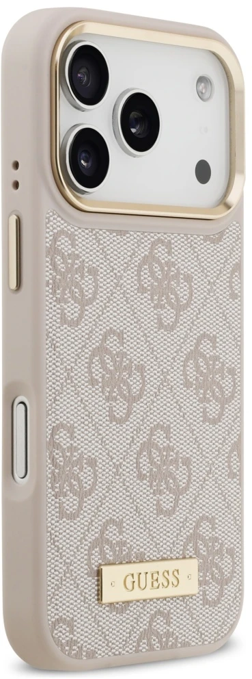 Guess 4G Logo Plate MagSafe dėklas Apple iPhone 17 Pro rožinės spalvos