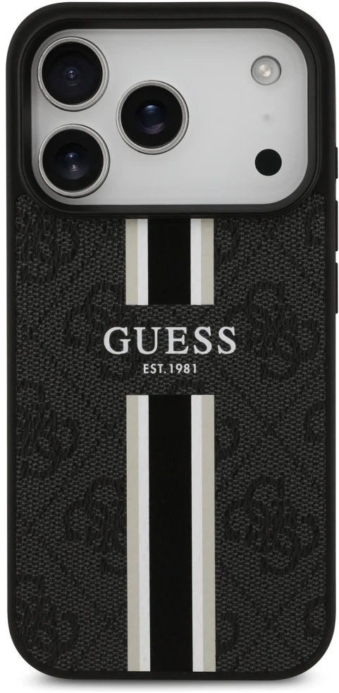 GUESS dėklas, skirtas IPHONE 17 Pro, suderinamas su MagSafe GUHMP17LP4RPSK (4G spausdintos juostelės), juodas