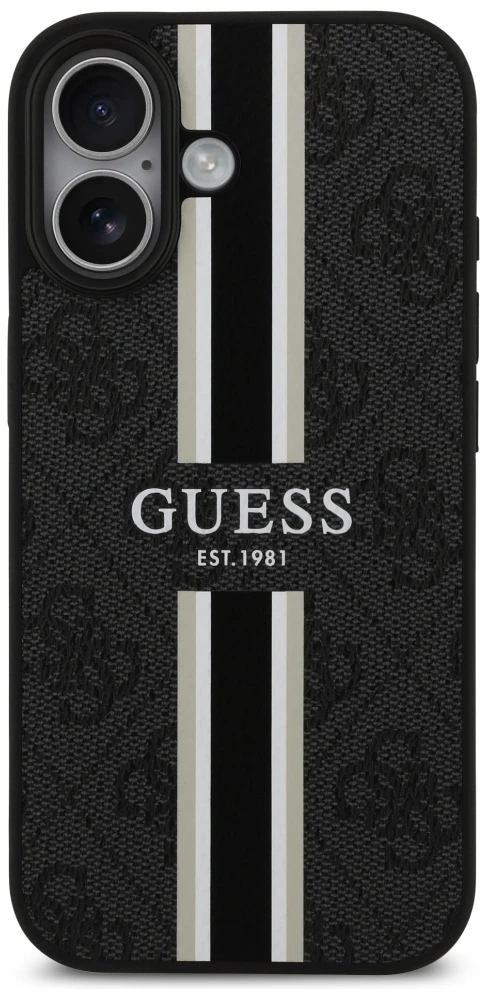 „Guess 4G“ dryžuotas „MagSafe“ dėklas, skirtas „iPhone 17“ - juodas