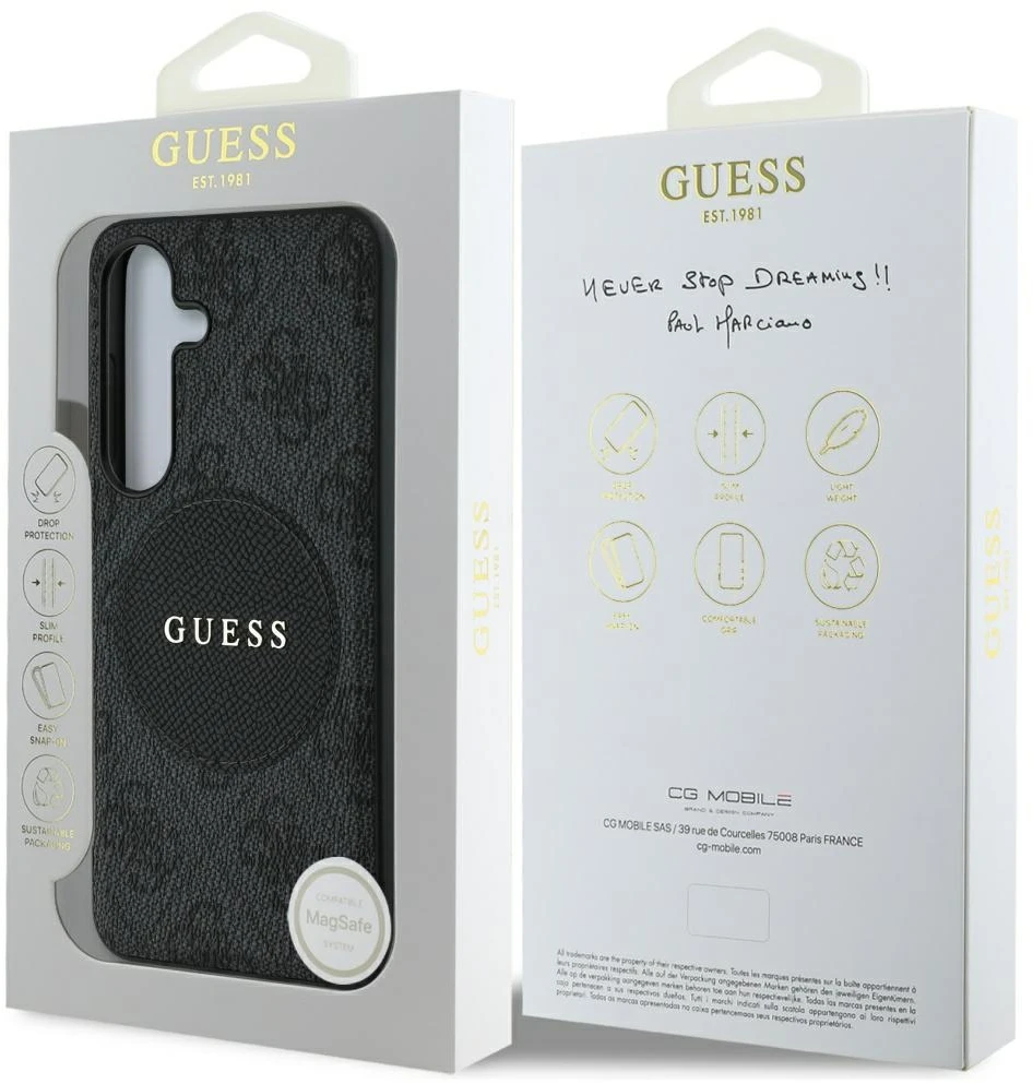 Dėklas Guess 4G Round Patch Classic Logo MagSafe Samsung Galaxy S25 Plus juodos spalvos