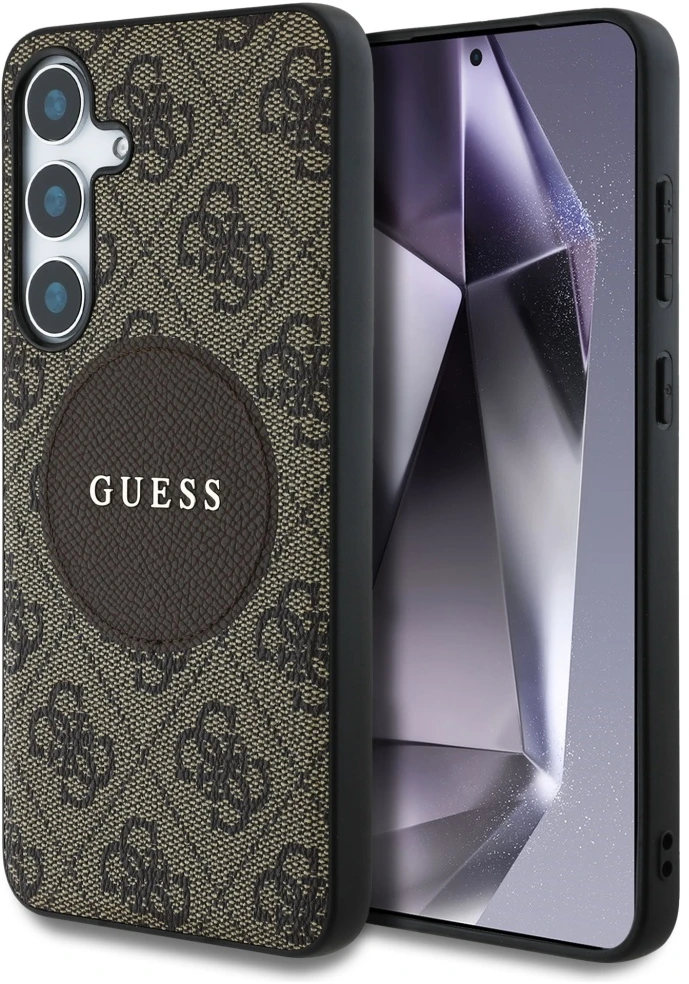 Dėklas Guess 4G Round Patch Classic Logo MagSafe Samsung Galaxy S25+ rudos spalvos