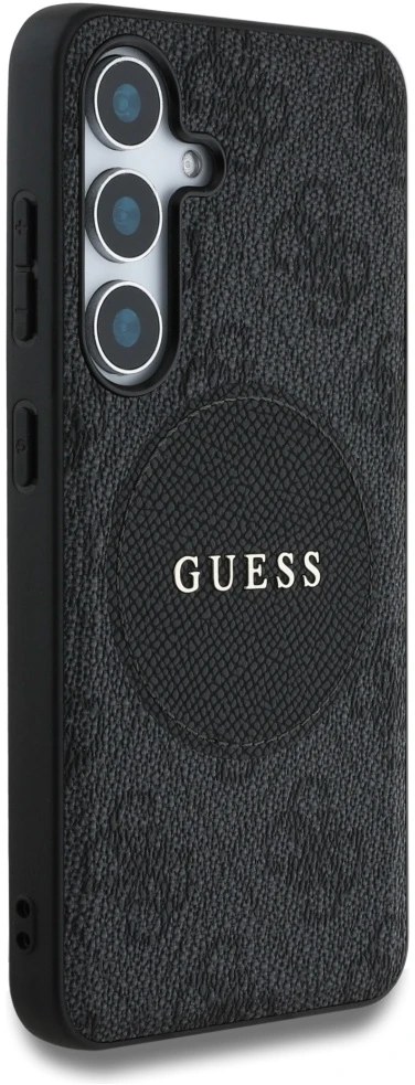Dėklas Guess 4G Round Patch Classic Logo MagSafe Samsung Galaxy S25 Plus juodos spalvos