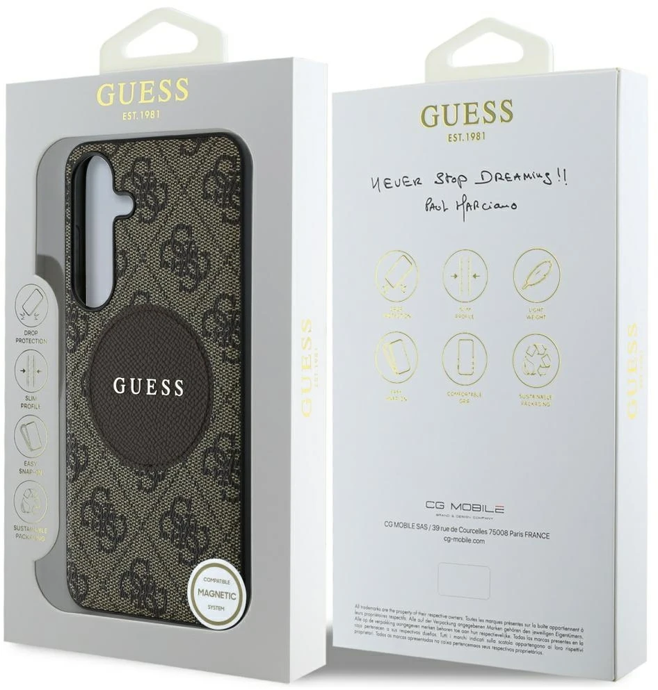 Dėklas Guess 4G Round Patch Classic Logo MagSafe Samsung Galaxy S25+ rudos spalvos