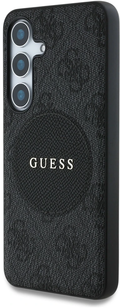 Dėklas Guess 4G Round Patch Classic Logo MagSafe Samsung Galaxy S25 Plus juodos spalvos
