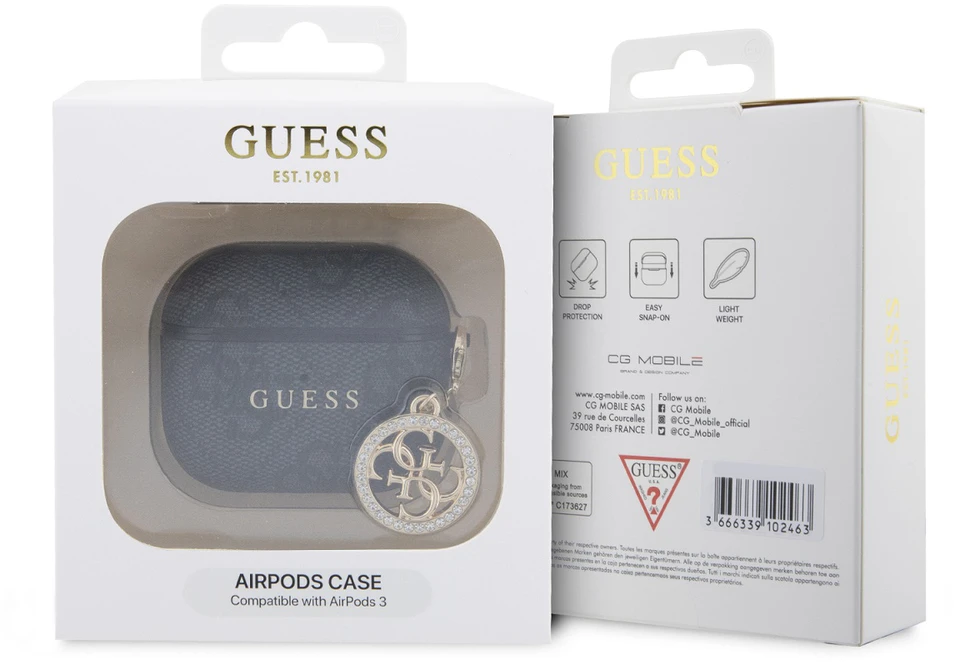 Guess 4G Script PC/PU Charm dėklas skirtas AirPods 3 juodos spalvos