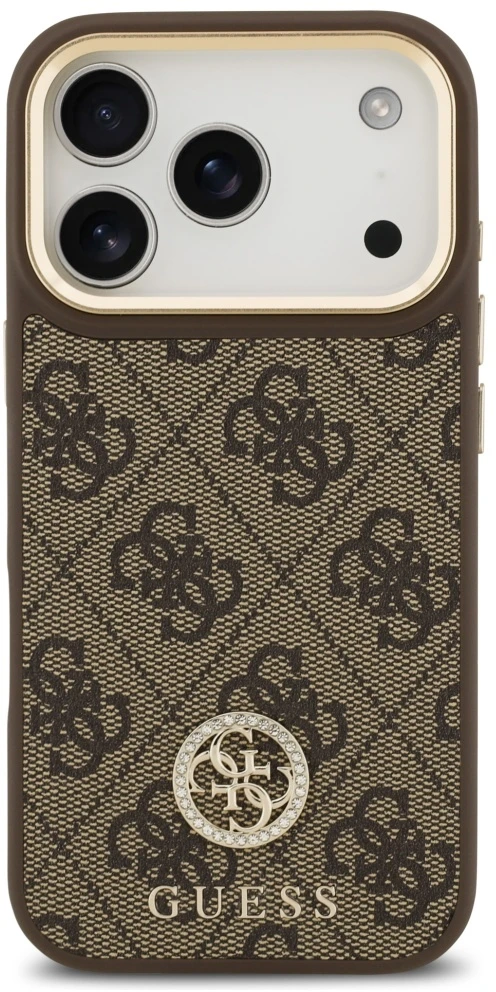 Guess 4G Strass Logo & Big Strap Metal Mygtukai MagSafe dėklas skirtas Apple iPhone 17 Pro Brown